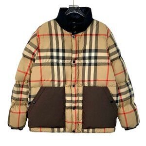 Burberry Beige Nova Check Puffer Jacket With Brown Pockets Black Collar & Button